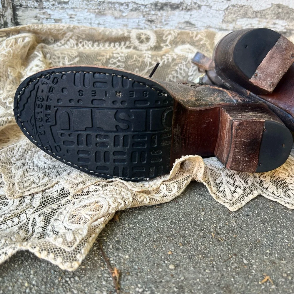 Bed/Stu Boho Cowgirl Distressed Gray Leather Lace-Up Stacked Heeled Kiltie Boots - Picture 11 of 12